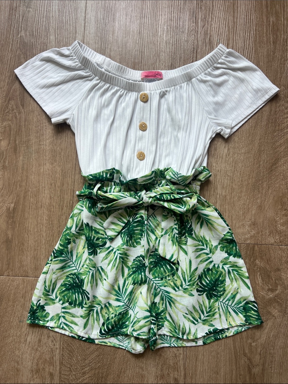 2 Hip Girls White Off-Shoulder Top with Green Leaf Print Shorts Romper Size 10